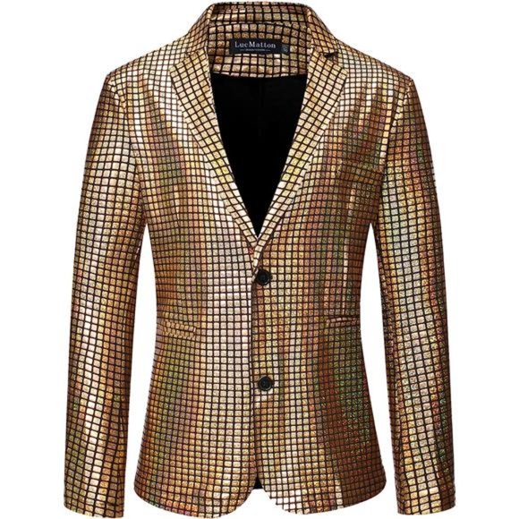 Men's 2 Piece Disco Sets Shiny Jacket and Pants Metallic Sequin Suits - Picture 3 of 7